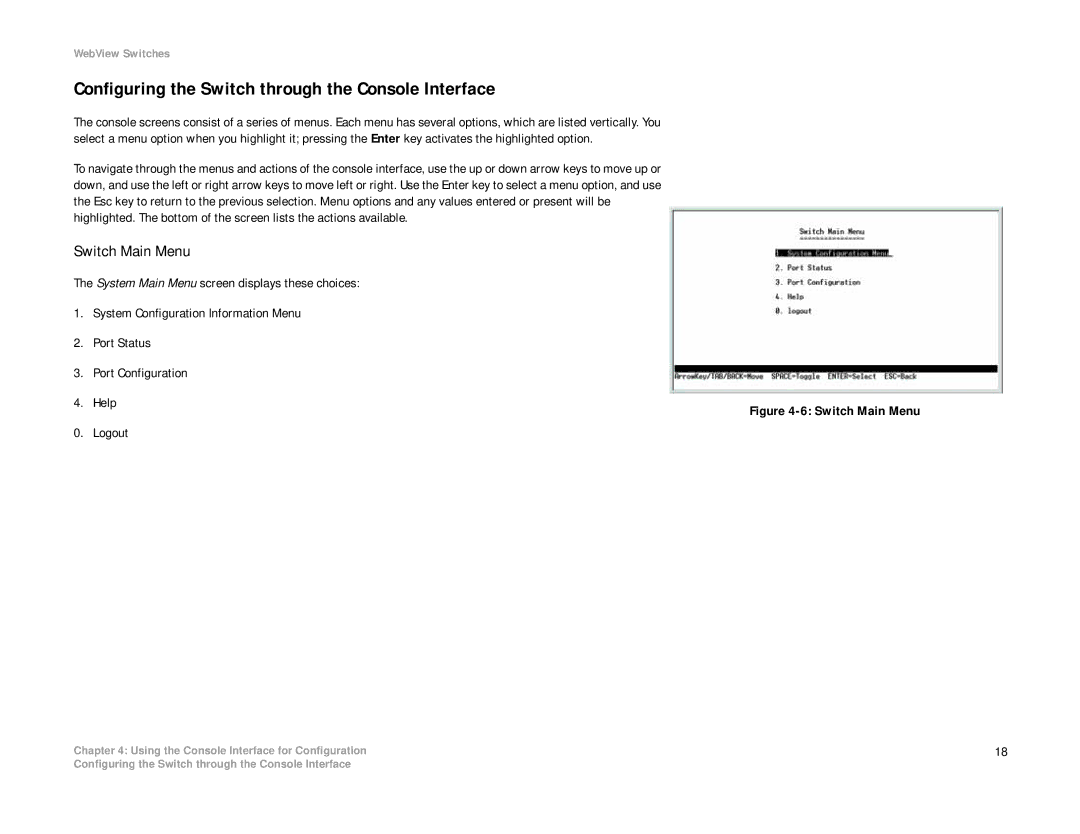 Linksys SRW208 manual Configuring the Switch through the Console Interface, Switch Main Menu 