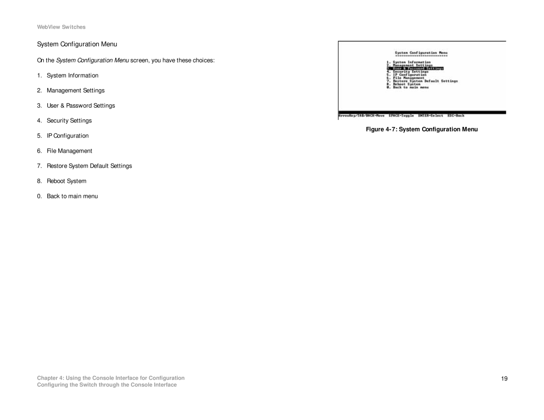 Linksys SRW208 manual System Configuration Menu 