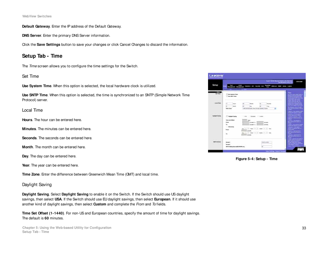 Linksys SRW208 manual Setup Tab Time, Set Time, Local Time, Daylight Saving 