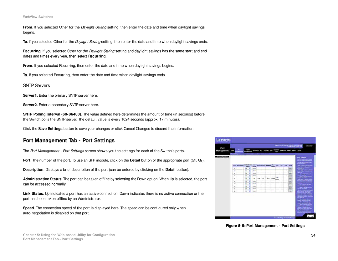 Linksys SRW208 manual Port Management Tab Port Settings, Sntp Servers 