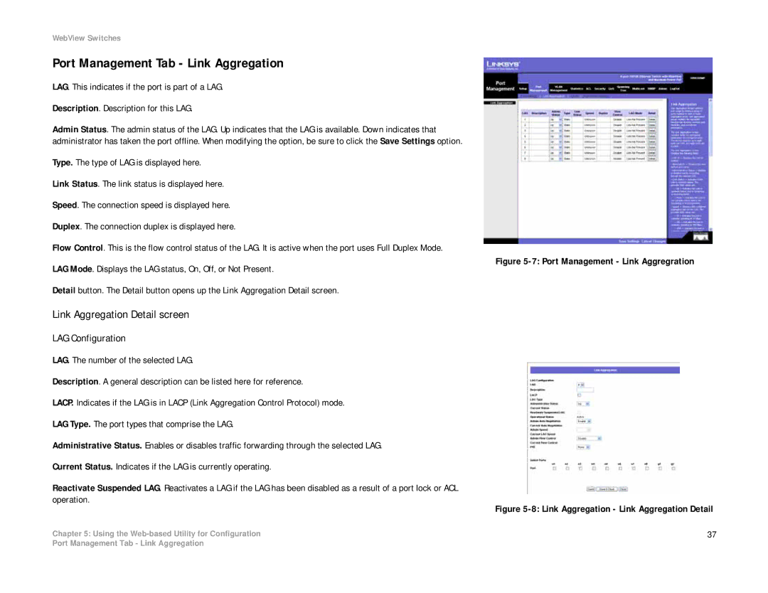 Linksys SRW208 manual Port Management Tab Link Aggregation, Link Aggregation Detail screen 