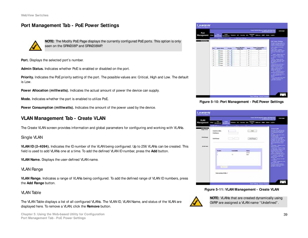 Linksys SRW208 manual Port Management Tab PoE Power Settings, Vlan Management Tab Create Vlan, Single Vlan, Vlan Range 