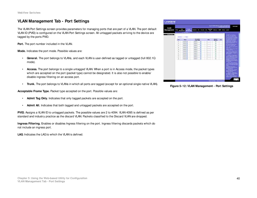 Linksys SRW208 manual Vlan Management Tab Port Settings, Vlan Management Port Settings 