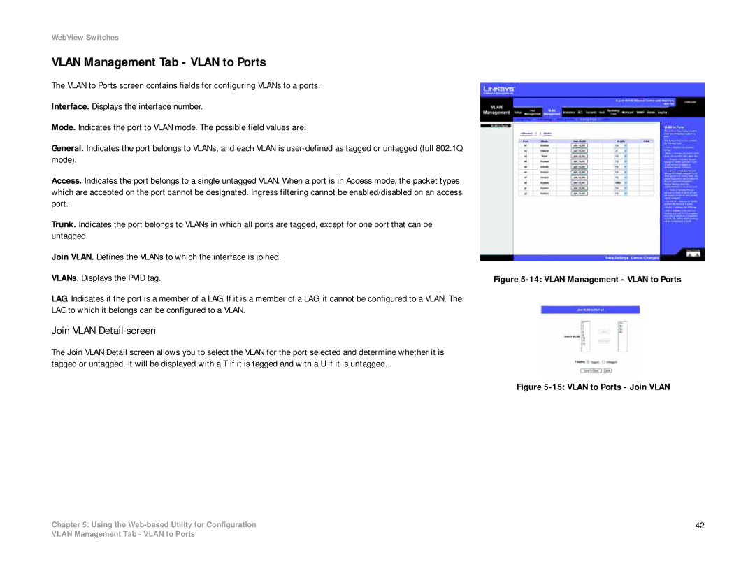 Linksys SRW208 manual Vlan Management Tab Vlan to Ports, Join Vlan Detail screen 