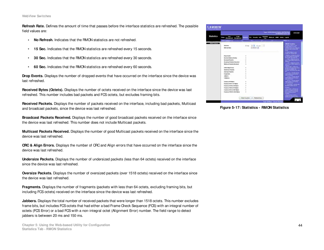 Linksys SRW208 manual Statistics Rmon Statistics 