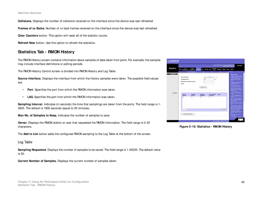 Linksys SRW208 manual Statistics Tab Rmon History, Log Table 