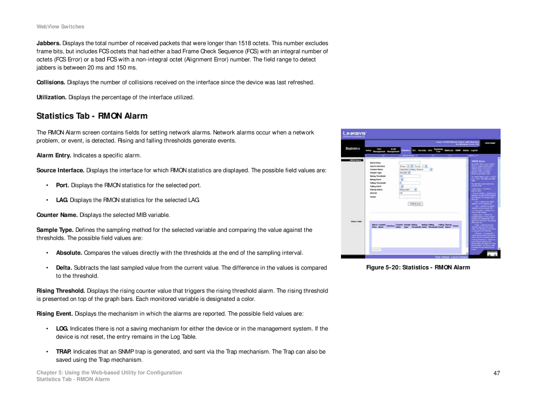 Linksys SRW208 manual Statistics Tab Rmon Alarm, Statistics Rmon Alarm 