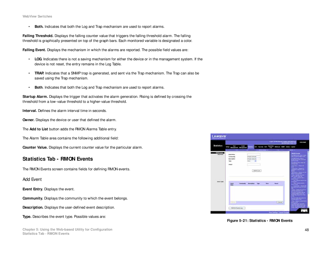 Linksys SRW208 manual Statistics Tab Rmon Events, Add Event 