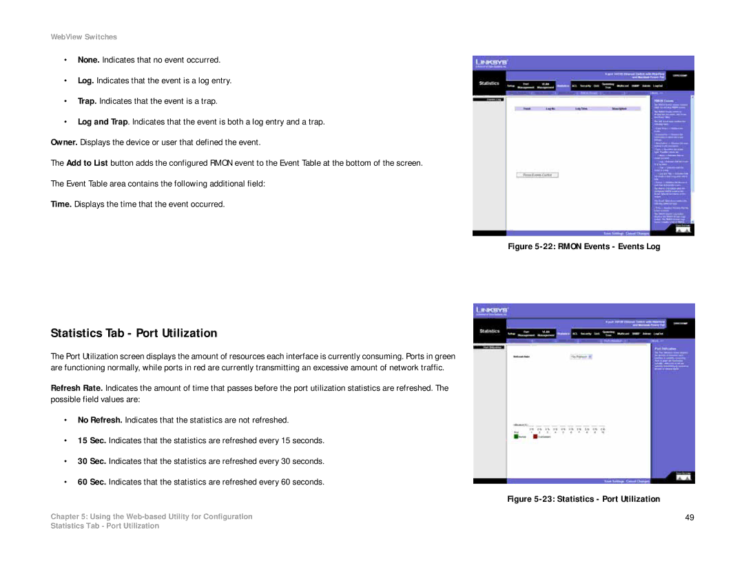 Linksys SRW208 manual Statistics Tab Port Utilization, Rmon Events Events Log 