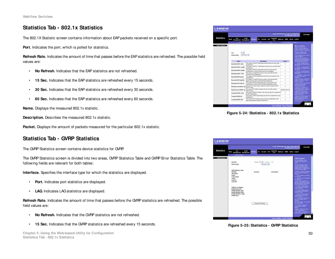 Linksys SRW208 manual Statistics Tab 802.1x Statistics, Statistics Tab Gvrp Statistics 