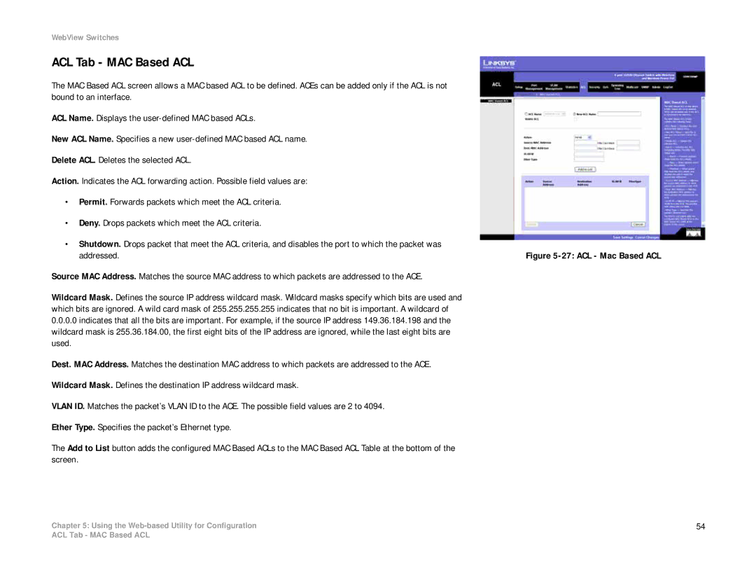 Linksys SRW208 manual ACL Tab MAC Based ACL, ACL Mac Based ACL 