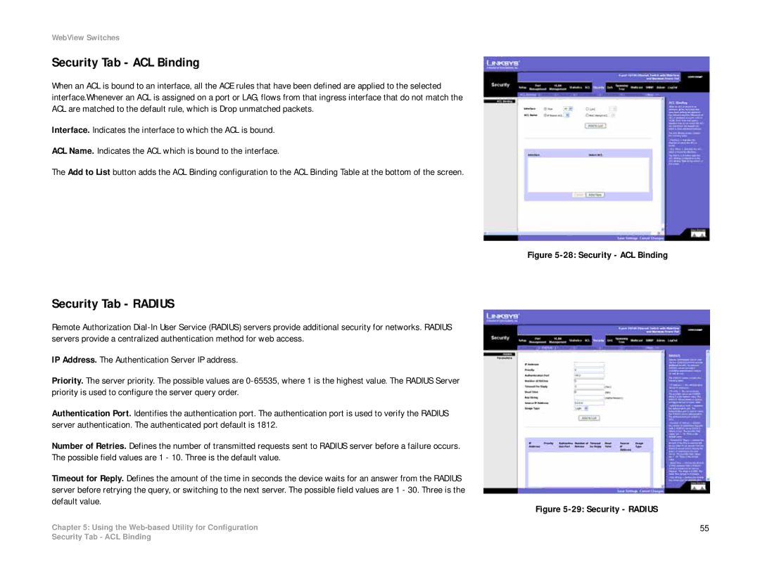 Linksys SRW208 manual Security Tab ACL Binding, Security Tab Radius 