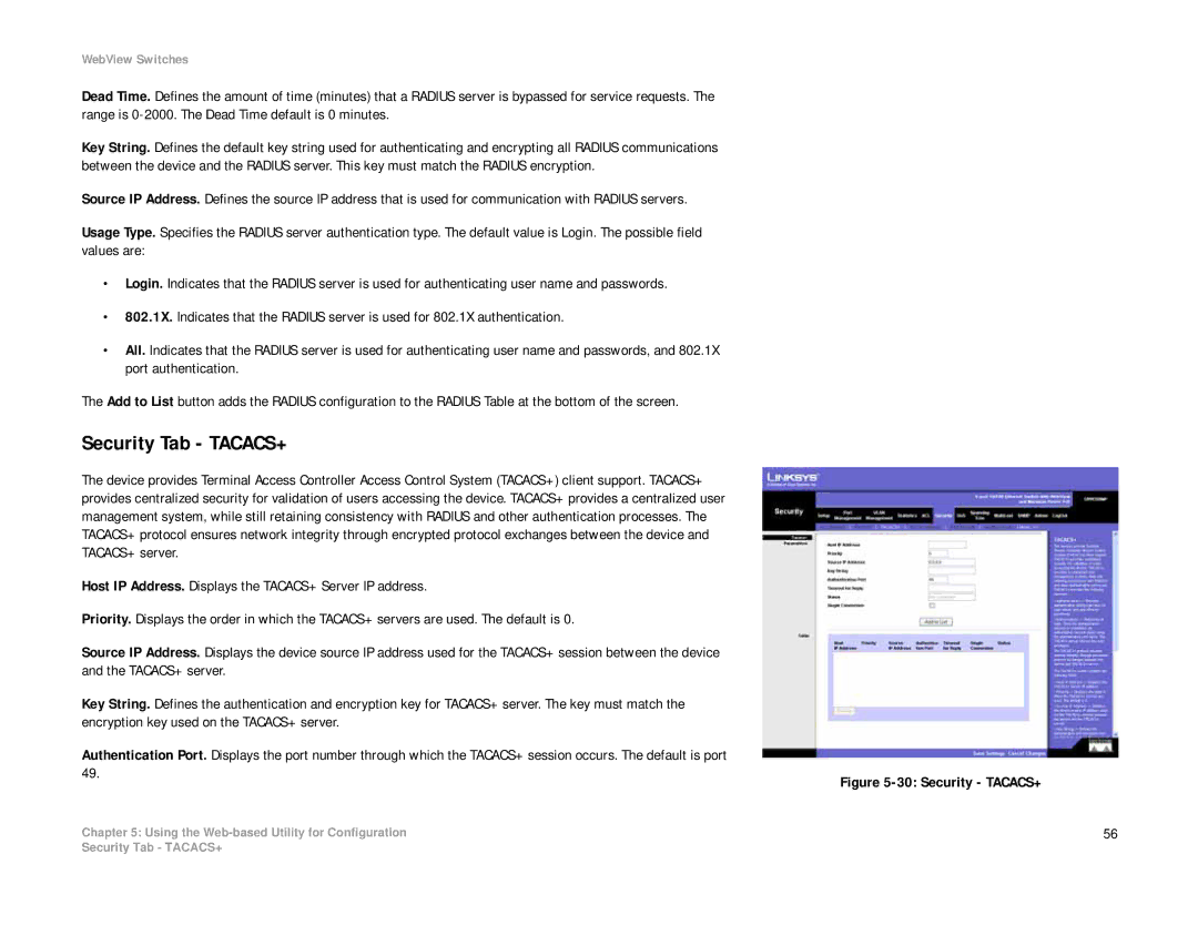 Linksys SRW208 manual Security Tab TACACS+, Security TACACS+ 