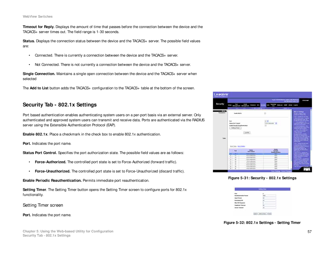 Linksys SRW208 manual Security Tab 802.1x Settings, Setting Timer screen 