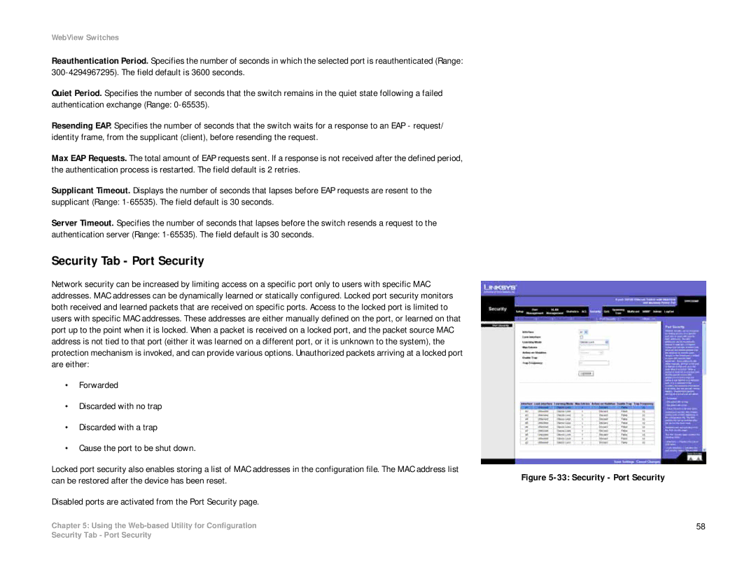 Linksys SRW208 manual Security Tab Port Security, Security Port Security 