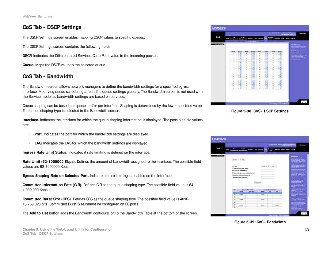 Linksys SRW208 manual QoS Tab Dscp Settings, QoS Tab Bandwidth 