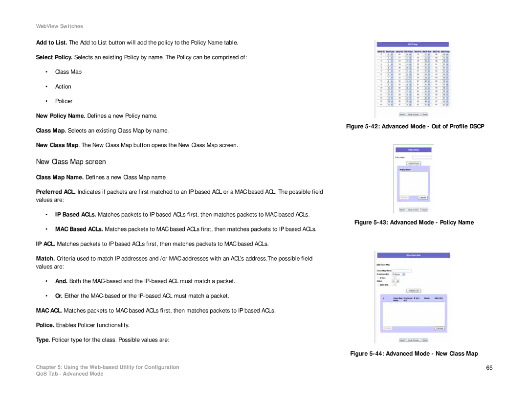 Linksys SRW208 manual New Class Map screen, Advanced Mode Out of Profile Dscp 