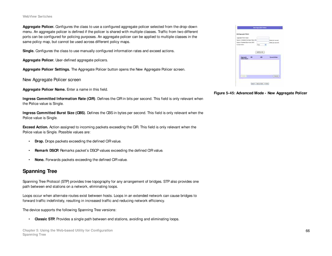 Linksys SRW208 manual Spanning Tree, New Aggregate Policer screen 