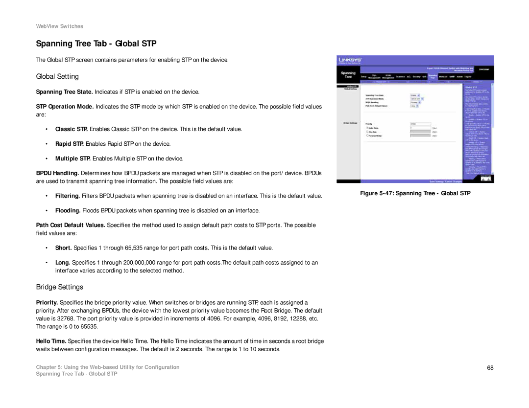 Linksys SRW208 manual Spanning Tree Tab Global STP, Global Setting, Bridge Settings 