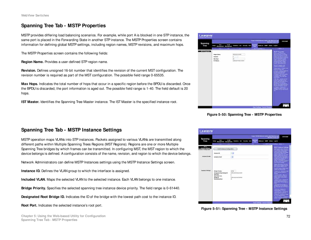 Linksys SRW208 manual Spanning Tree Tab Mstp Properties, Spanning Tree Tab Mstp Instance Settings 