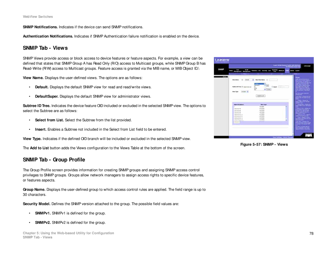 Linksys SRW208 manual Snmp Tab Views, Snmp Tab Group Profile 