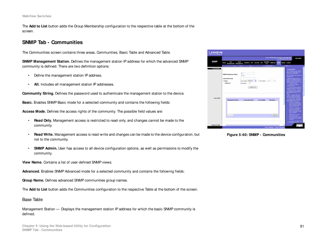 Linksys SRW208 manual Snmp Tab Communities, Base Table 