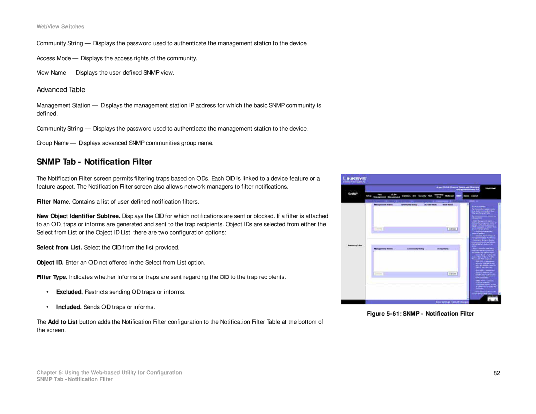 Linksys SRW208 manual Snmp Tab Notification Filter, Advanced Table 