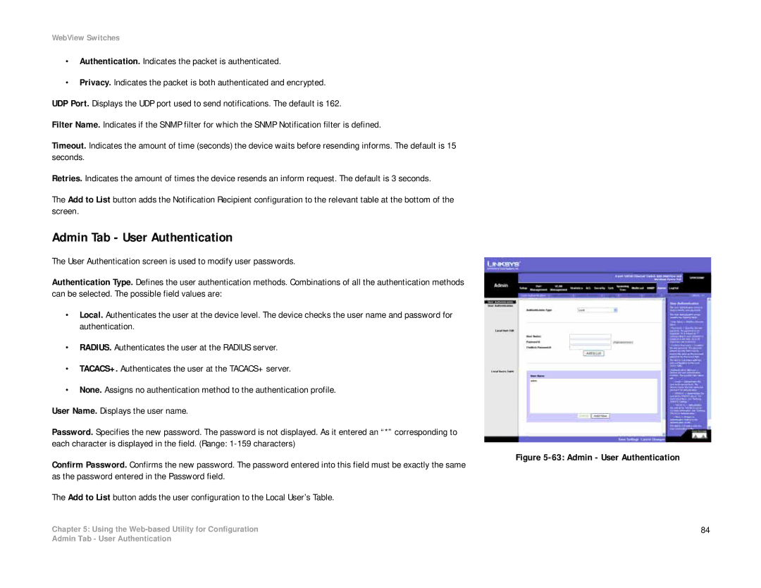 Linksys SRW208 manual Admin Tab User Authentication, Admin User Authentication 