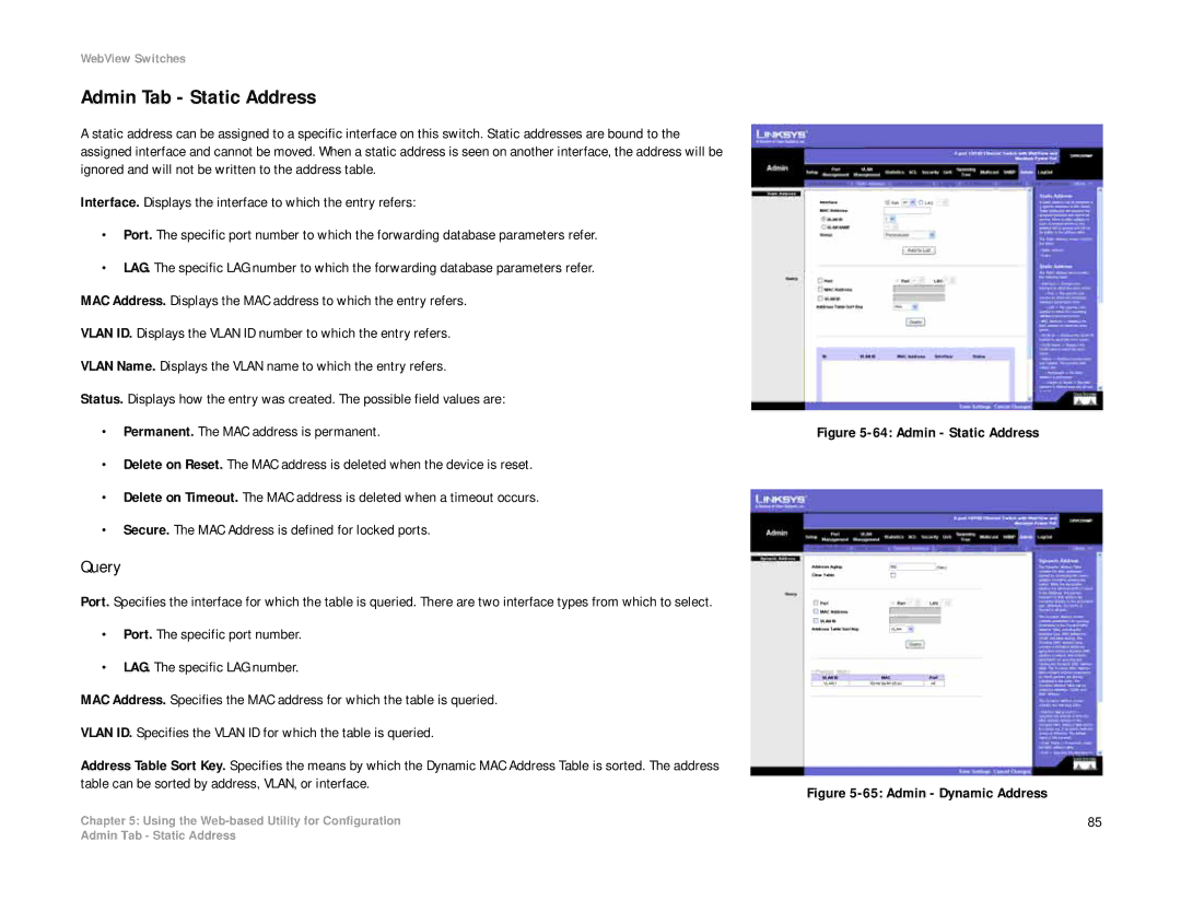 Linksys SRW208 manual Admin Tab Static Address, Query 