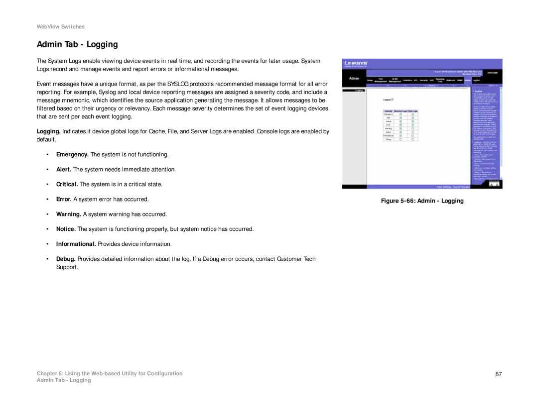 Linksys SRW208 manual Admin Tab Logging, Admin Logging 