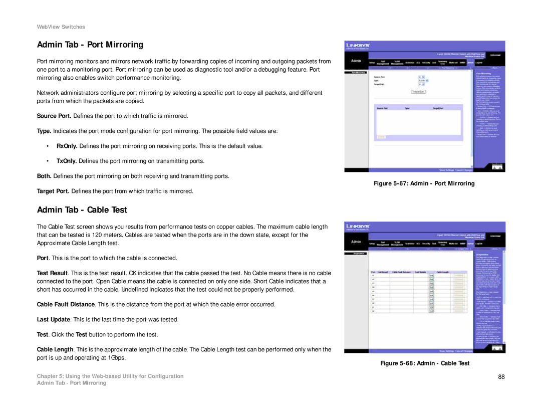 Linksys SRW208 manual Admin Tab Port Mirroring, Admin Tab Cable Test 