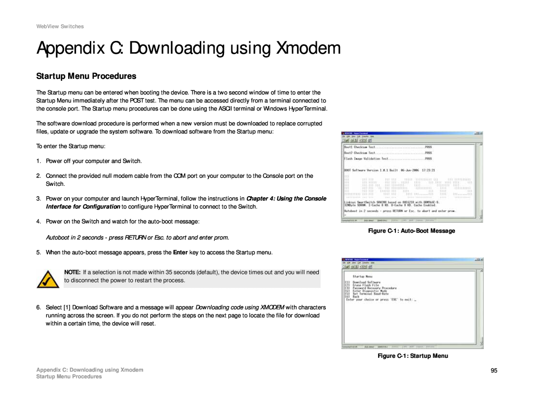 Linksys SRW208 manual Appendix C Downloading using Xmodem, Startup Menu Procedures 