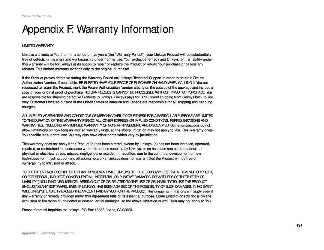 Linksys SRW208 manual Appendix F Warranty Information 