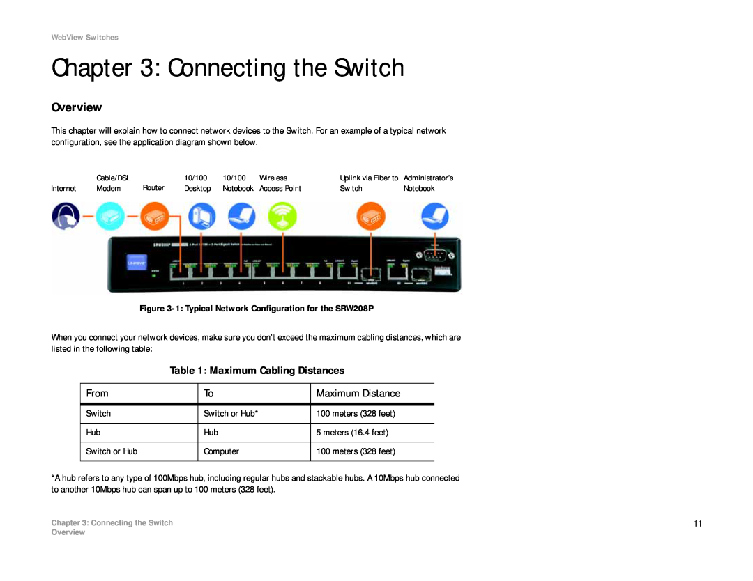 Linksys SRW208 manual Connecting the Switch, Maximum Cabling Distances, From, Maximum Distance 