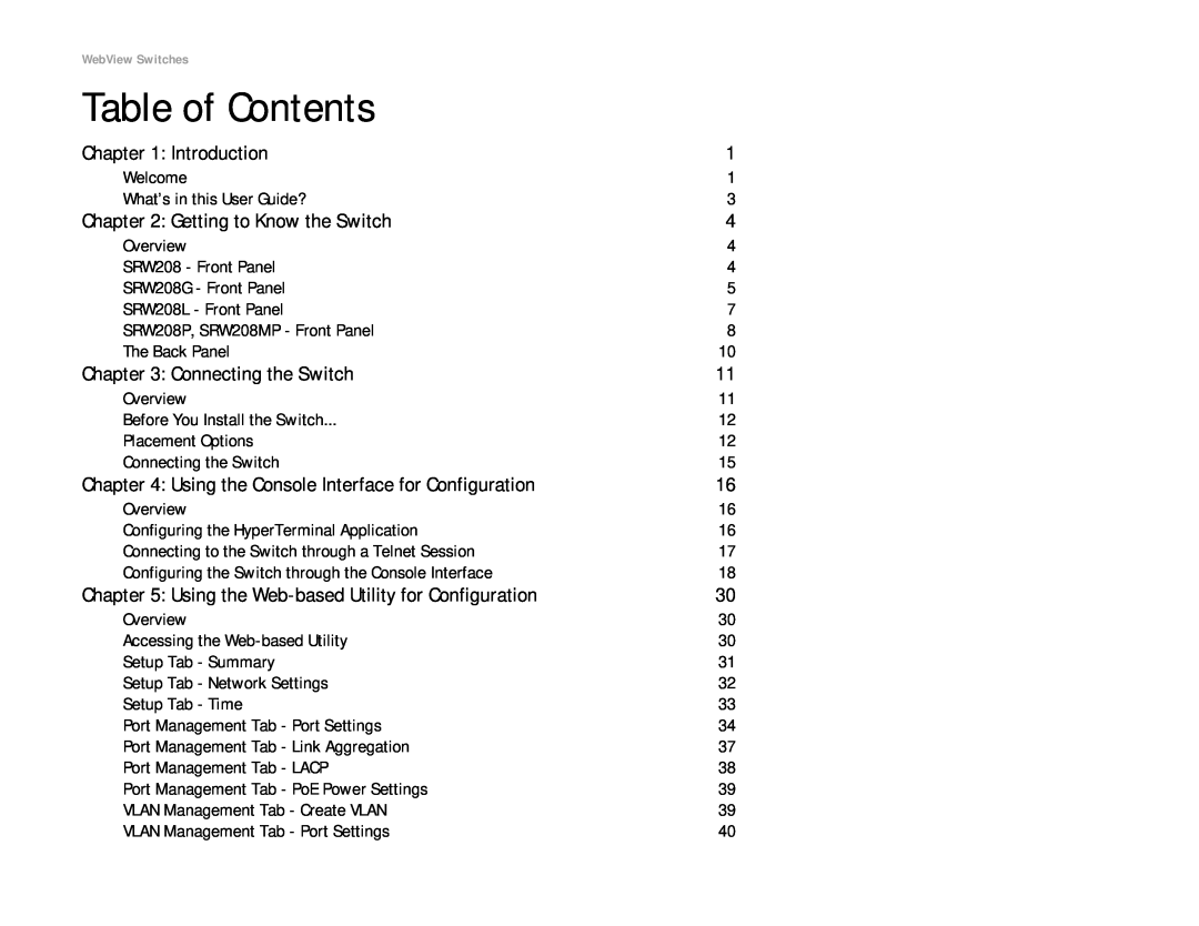 Linksys SRW208 manual Table of Contents, Introduction, Getting to Know the Switch, Connecting the Switch 
