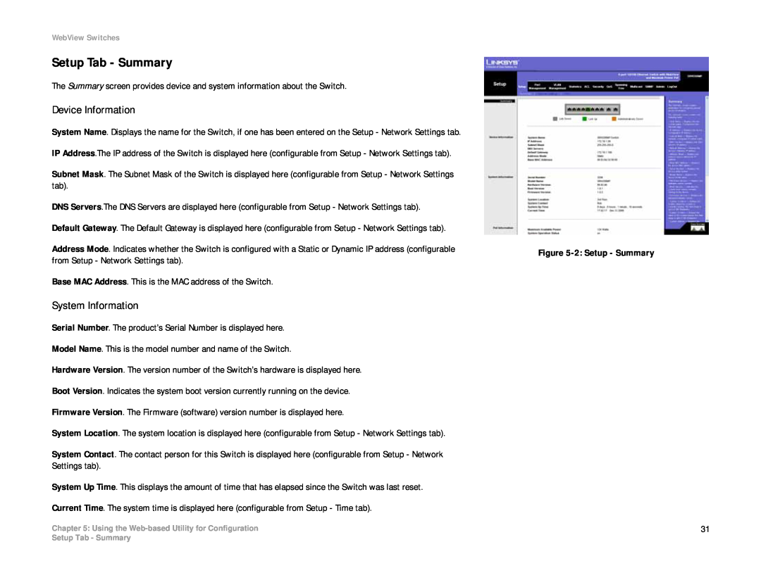 Linksys SRW208 manual Setup Tab - Summary, Device Information, System Information 