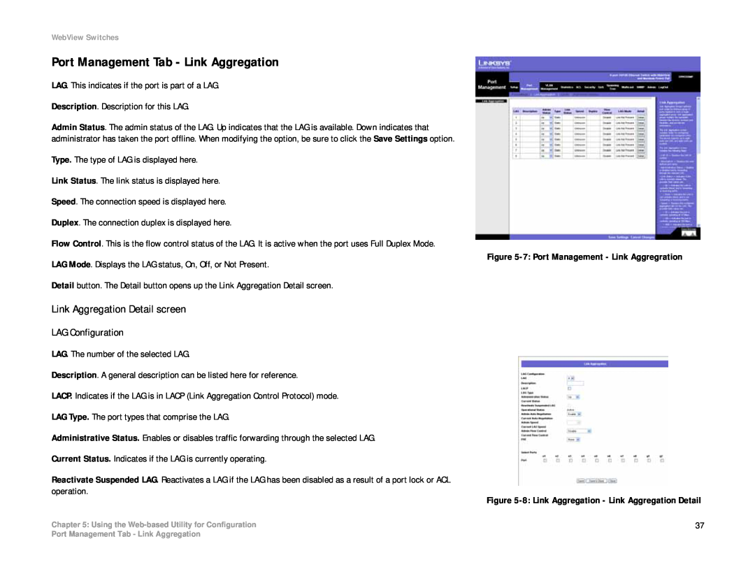 Linksys SRW208 manual Port Management Tab - Link Aggregation, Link Aggregation Detail screen 