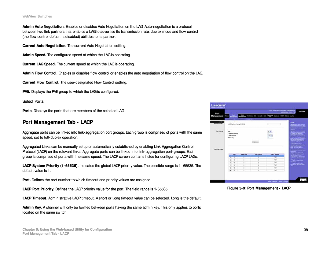 Linksys SRW208 manual Port Management Tab - LACP, Select Ports 