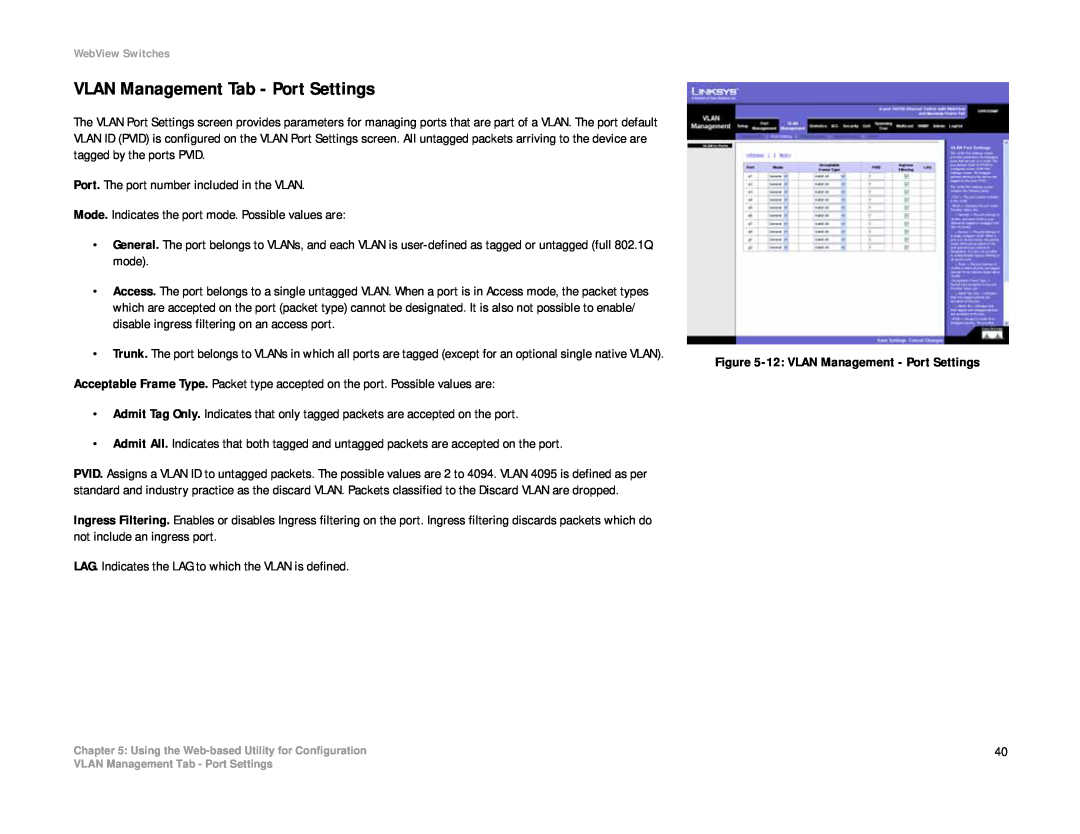 Linksys SRW208 manual VLAN Management Tab - Port Settings 