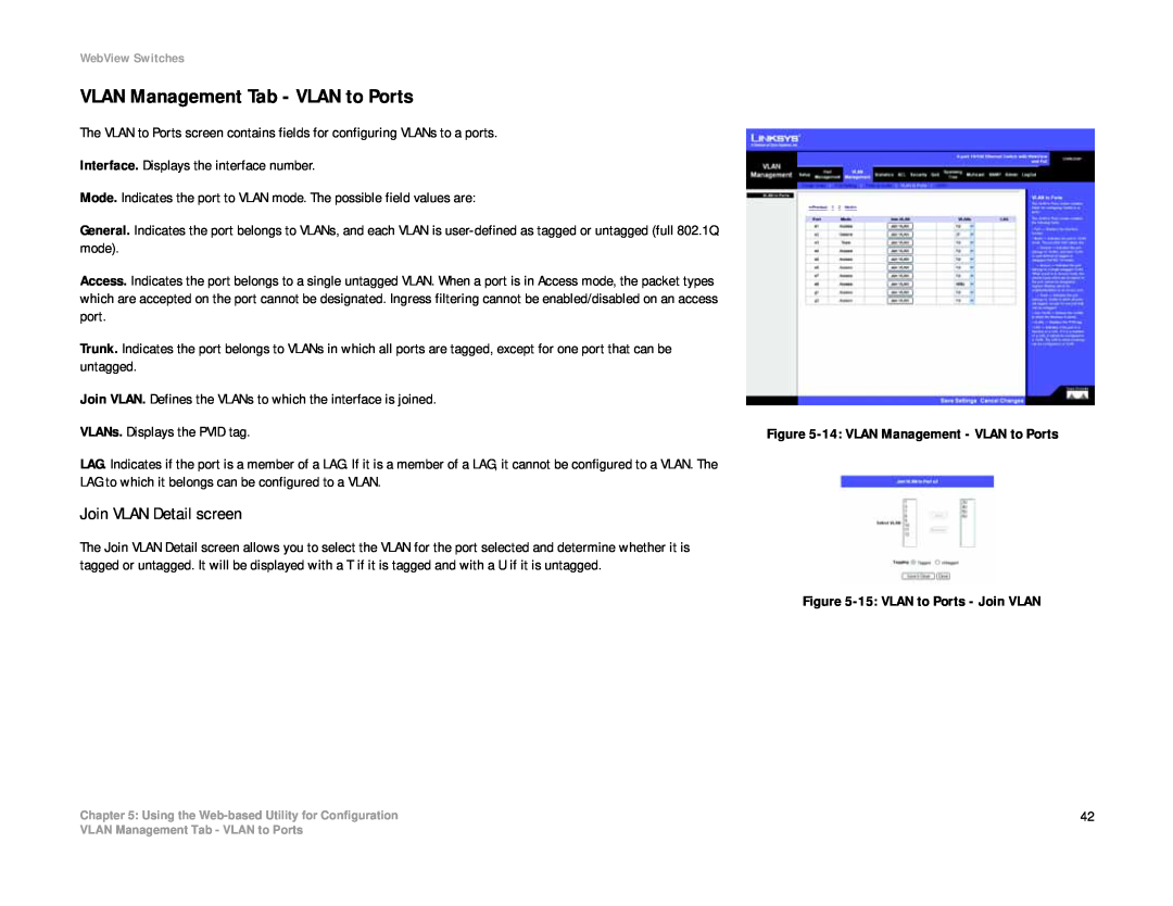 Linksys SRW208 manual VLAN Management Tab - VLAN to Ports, Join VLAN Detail screen 