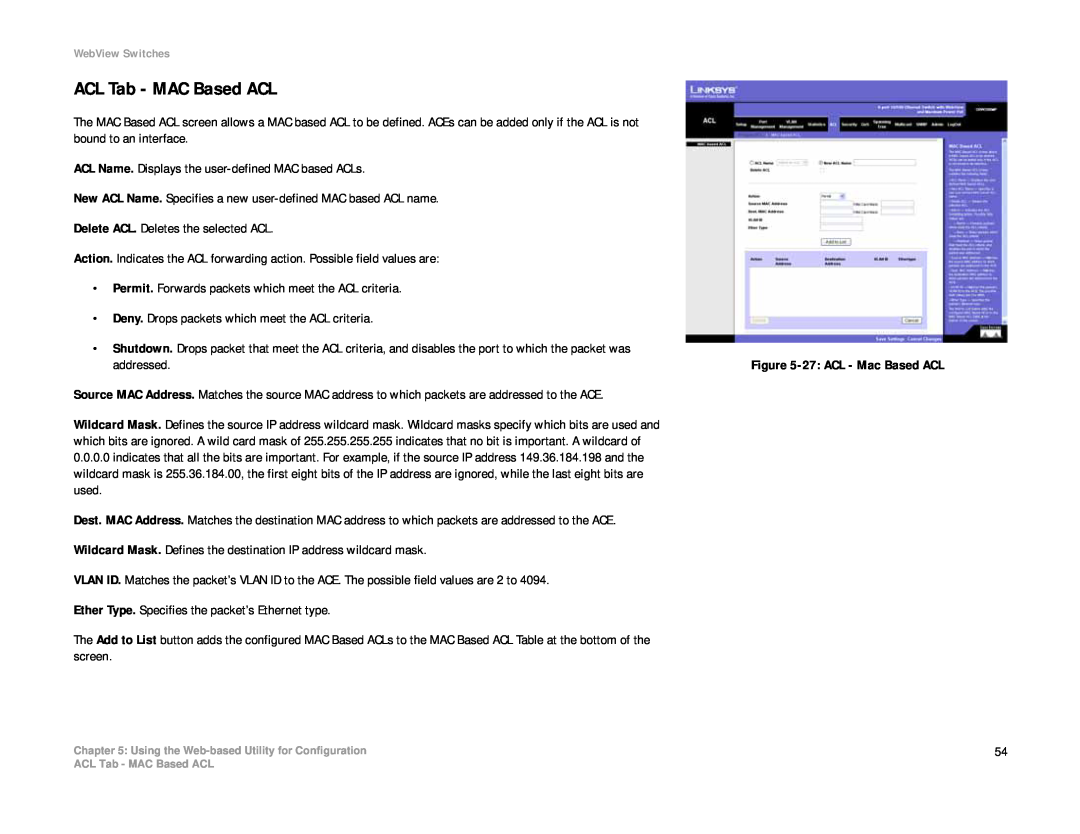 Linksys SRW208 manual ACL Tab - MAC Based ACL 