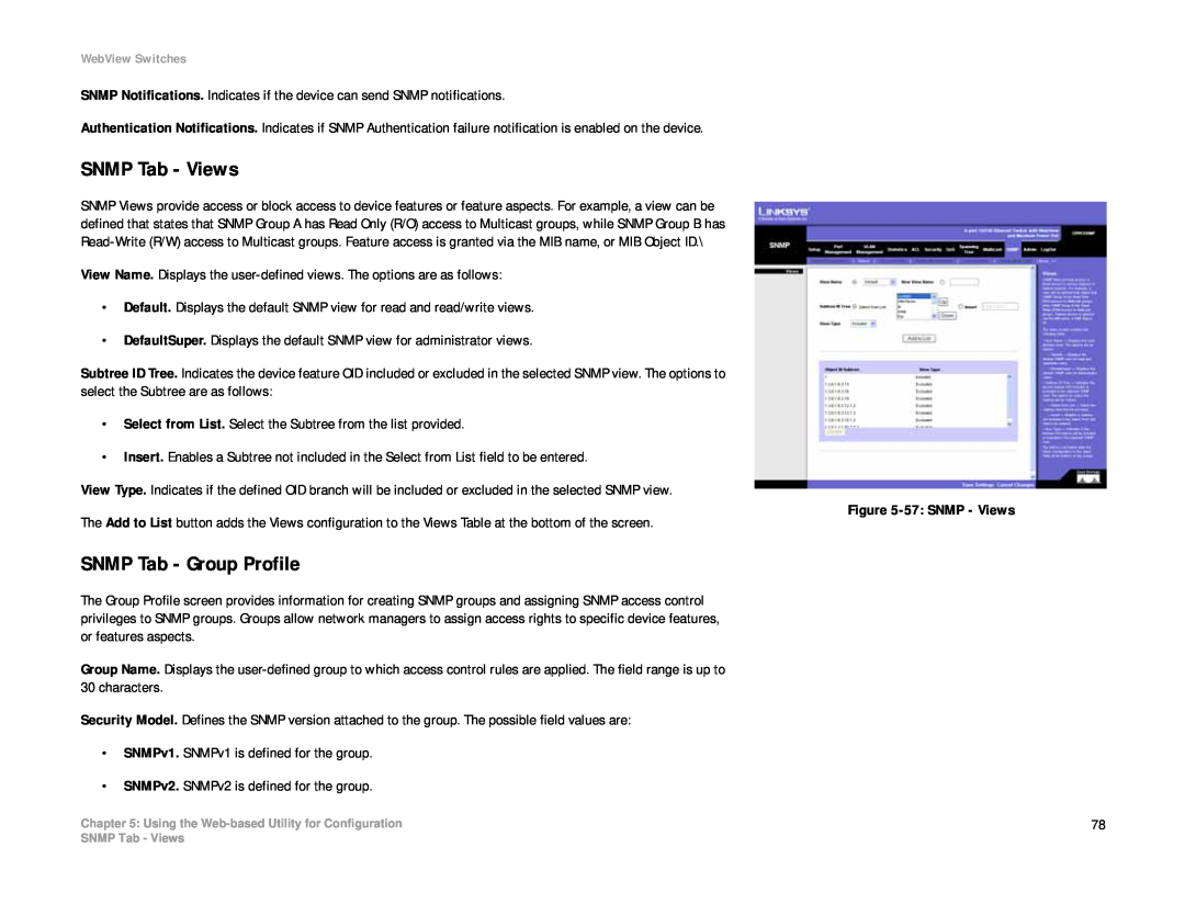 Linksys SRW208 manual SNMP Tab - Views, SNMP Tab - Group Profile 
