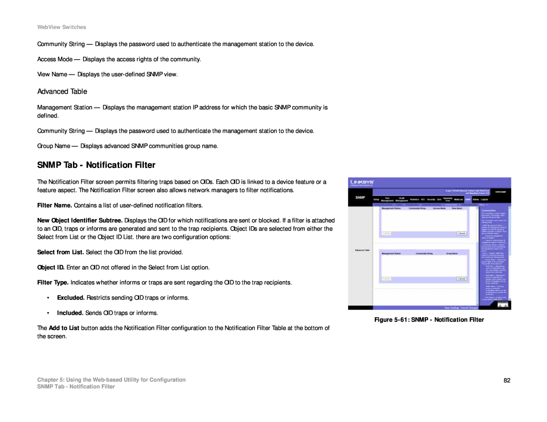 Linksys SRW208 manual SNMP Tab - Notification Filter, Advanced Table 