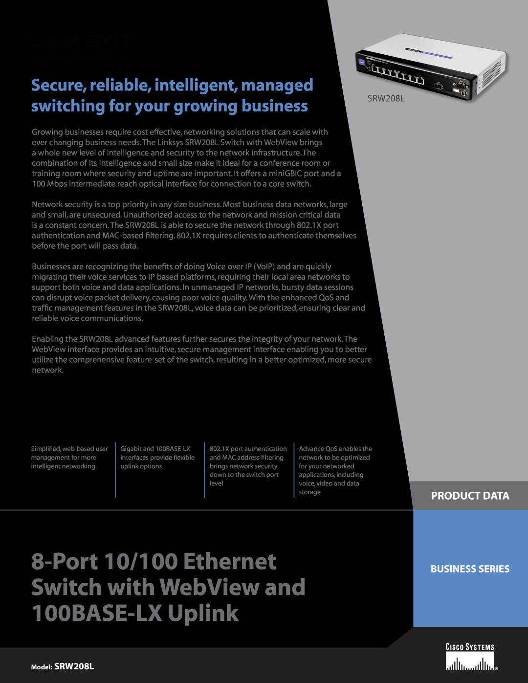 Linksys SRW208L manual Product Data, Business Series, Port 10/100 Ethernet Switch with WebView and 100BASE-LX Uplink 
