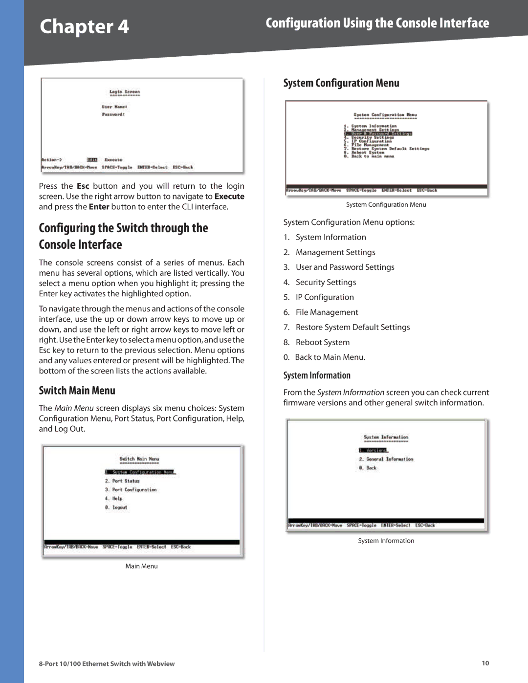 Linksys SRW208MP, SRW208L, SRW208G, SRW208P manual Switch Main Menu, System Configuration Menu 