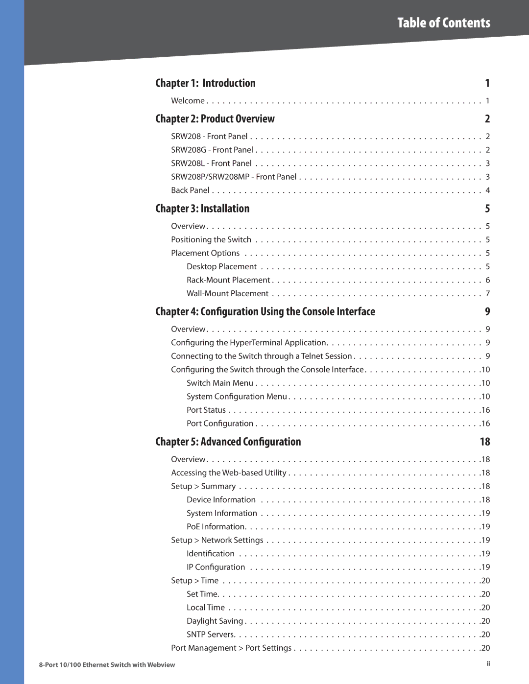 Linksys SRW208G, SRW208MP, SRW208L, SRW208P manual Table of Contents 