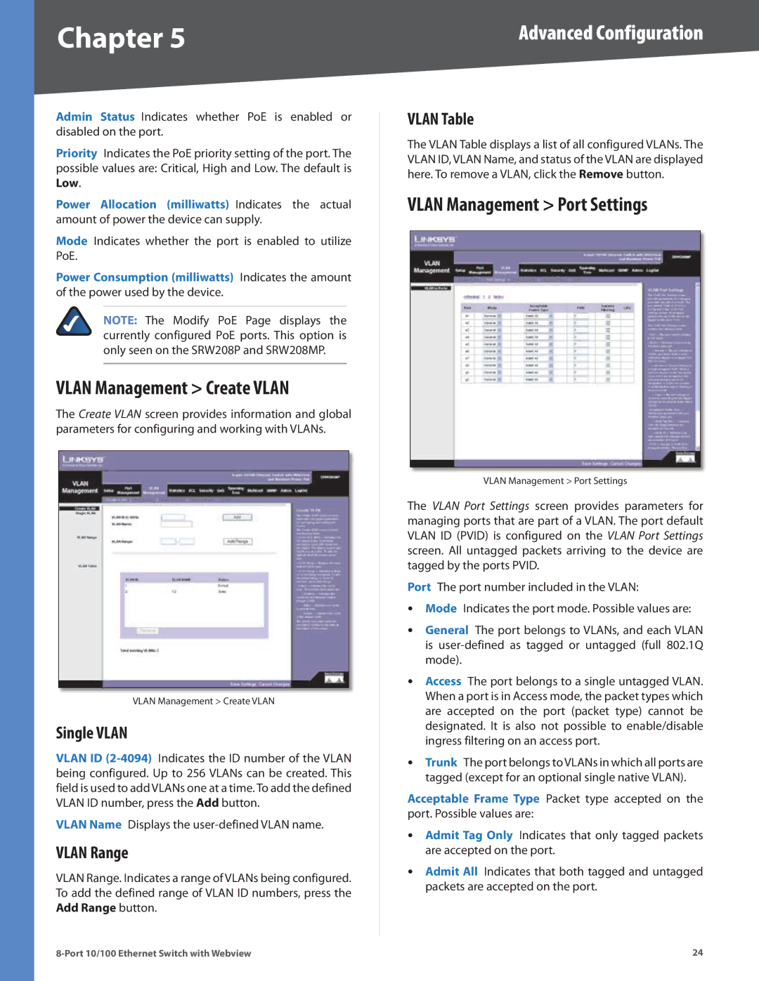 Linksys SRW208MP, SRW208L Vlan Management Create Vlan, Vlan Management Port Settings, Single Vlan, Vlan Range, Vlan Table 