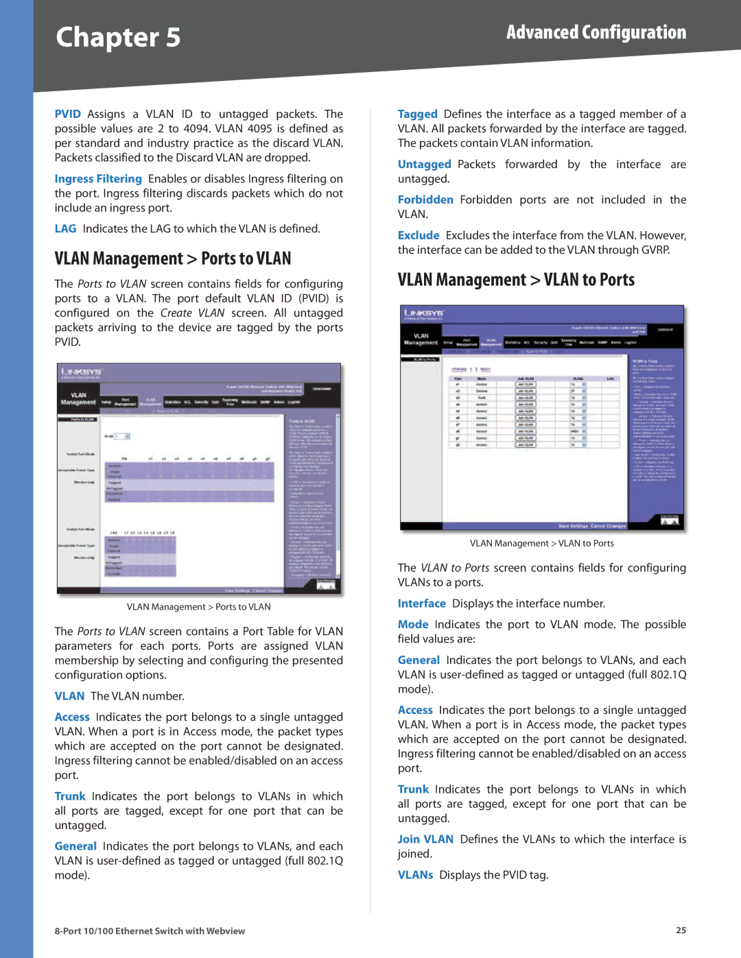 Linksys SRW208MP, SRW208L, SRW208G, SRW208P manual Vlan Management Ports to Vlan, Vlan Management Vlan to Ports 