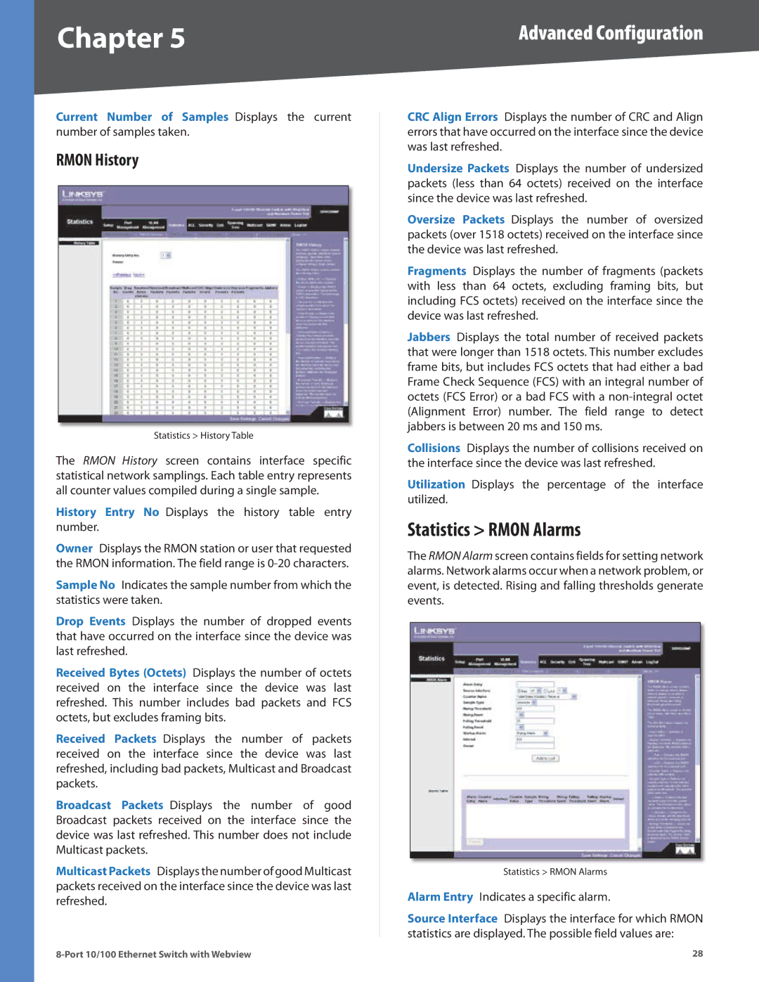 Linksys SRW208P, SRW208MP, SRW208L, SRW208G manual Statistics Rmon Alarms, Rmon History 