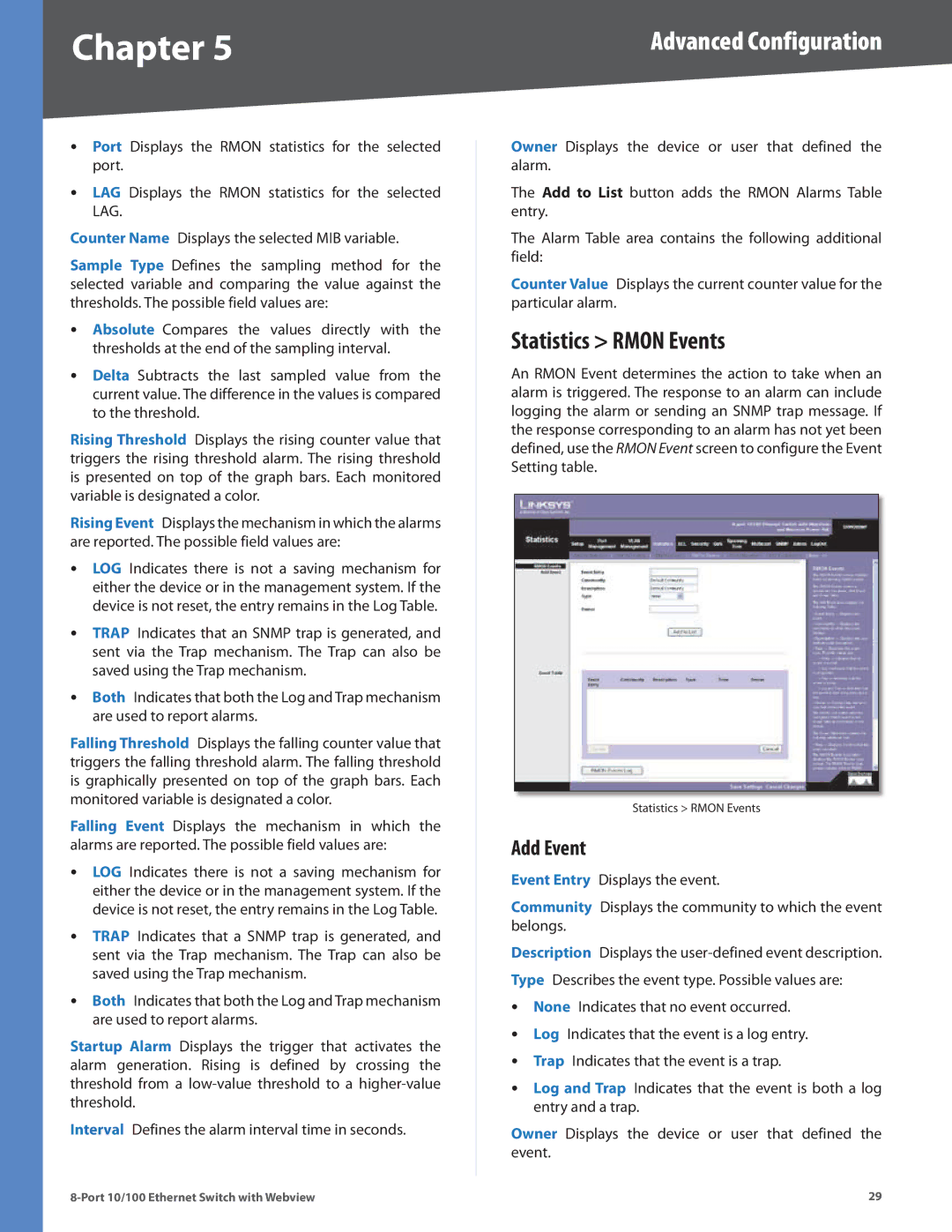 Linksys SRW208MP, SRW208L, SRW208G, SRW208P manual Statistics Rmon Events, Add Event 